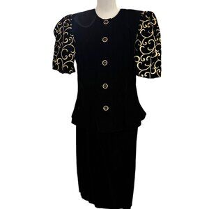 Jessica Howard VTG 90s black velvet skirt suit w gold embroidered embellishments